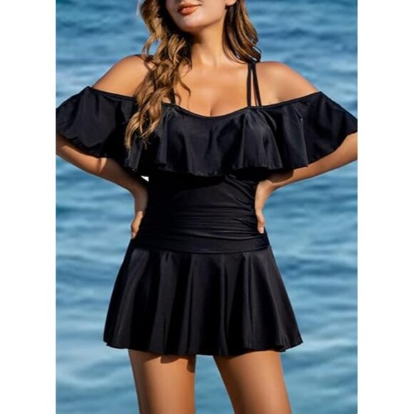 Cocopear Off-Shoulder Flounce Swimdress Black One-Piece Swimsuit Size Medium - Picture 2 of 10